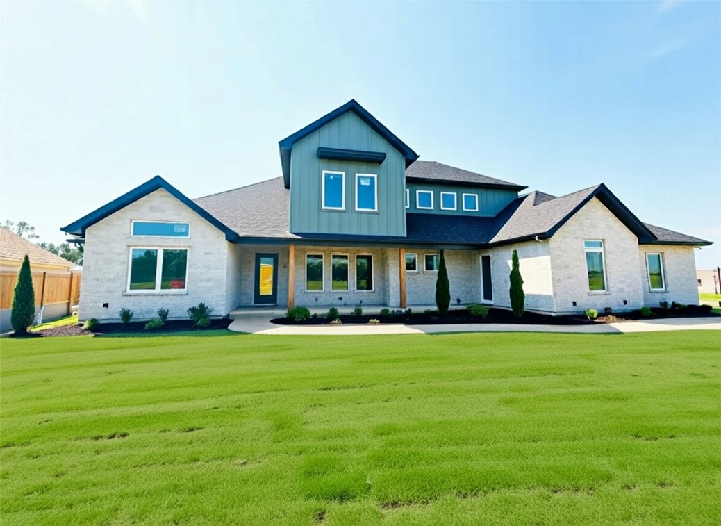 Located in a gated community, the Reserve at Serenity Ridge, this beautifully crafted 2-story home sits on a spacious 1-acre lot and is designed with luxury and functionality in mind. Featuring 4 generously sized bedrooms, 3.5 bathrooms, a dedicated office, and an upstairs media room complete with a wet bar —this home is perfect for entertaining or relaxing in style. From the moment you arrive, the inviting front porch makes a striking impression. Inside, the gourmet kitchen showcases quartz countertops, floor-to-ceiling custom cabinetry, upgraded stainless steel appliances, and has a hidden pantry—truly a chef’s dream. Enjoy year-round outdoor living on the covered back patio with a cozy brick fireplace and gas logs. Currently under construction with an estimated completion in mid to late October. Seller is offering $15,000 in concessions. Taxes are based on land only. Furnishings are AI-generated.
