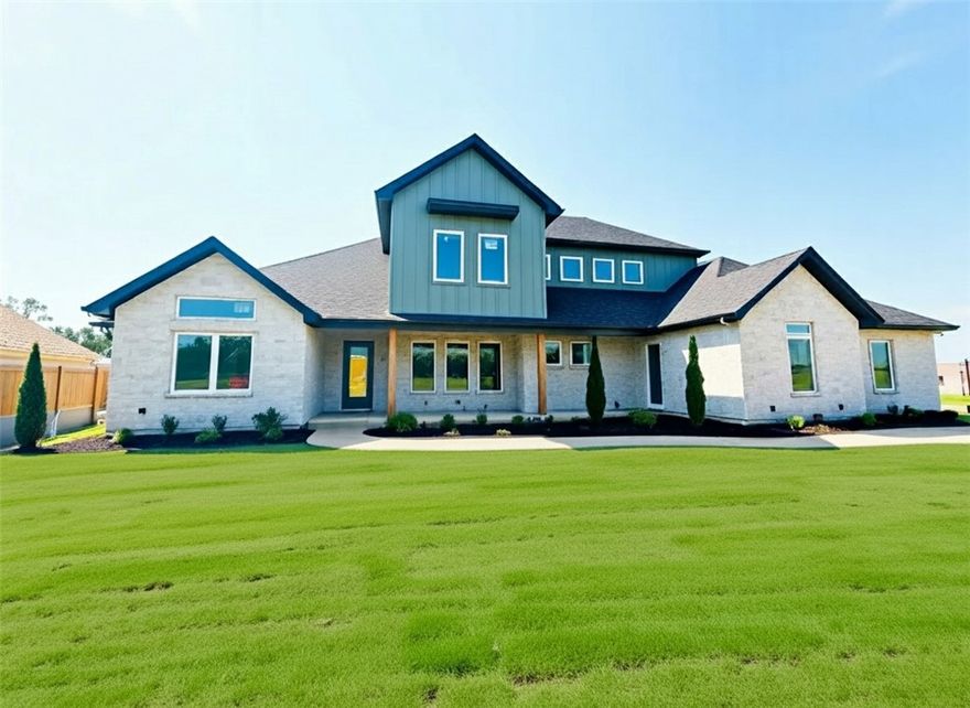 Located in a gated community, the Reserve at Serenity Ridge, this beautifully crafted 2-story home sits on a spacious 1-acre lot and is designed with luxury and functionality in mind. Featuring 4 generously sized bedrooms, 3.5 bathrooms, a dedicated office, and an upstairs media room complete with a wet bar —this home is perfect for entertaining or relaxing in style. From the moment you arrive, the inviting front porch makes a striking impression. Inside, the gourmet kitchen showcases quartz countertops, floor-to-ceiling custom cabinetry, upgraded stainless steel appliances, and has a hidden pantry—truly a chef’s dream. Enjoy year-round outdoor living on the covered back patio with a cozy brick fireplace and gas logs. Currently under construction with an estimated completion in mid to late October. Seller is offering $15,000 in concessions. Taxes are based on land only. Furnishings are AI-generated.