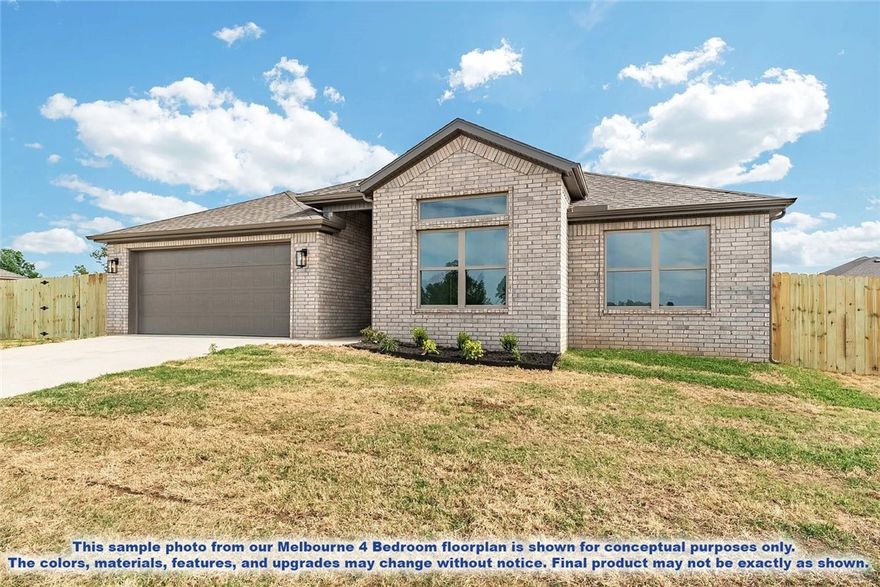 This home is based on the Melbourne 4 plan. This charming 4-bedroom, 2-bath home offers a spacious and functional layout designed for comfortable living. The open living and dining areas provide the perfect setting for relaxation or entertaining, while the modern kitchen features generous counter space, quality appliances, a pantry, and a nearby laundry room for added convenience. The primary suite includes a private en-suite bath with a walk-in shower, while the remaining bedrooms are thoughtfully separated and share a full bathroom. Step outside to enjoy a covered porch and patio-ideal for outdoor gatherings or quiet mornings. The attached garage offers space for parking and storage. With its thoughtful design and modern features, this home is a perfect blend of comfort, style, and practicality. Located close to Ward Nail Park, with quick access to all of NWA along Old Wire Road, this home has a very convenient location. Builder’s credit of $3,000 and Lenders Credit Up To $5,000 with Preferred Lender!