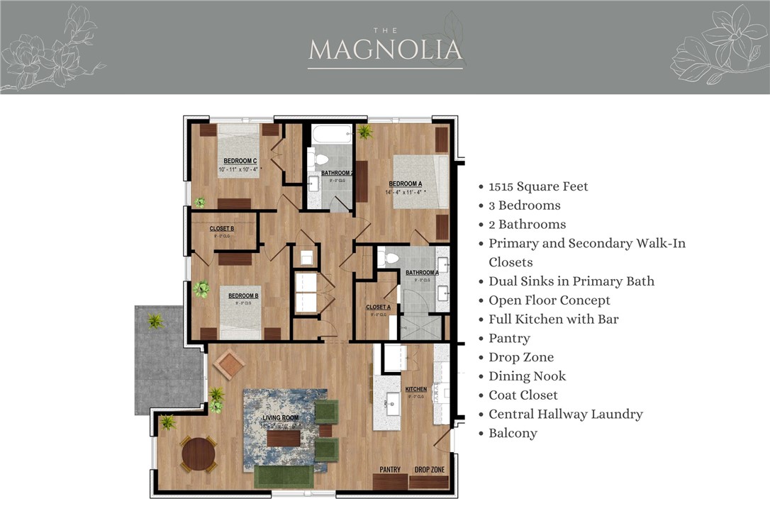 The Magnolia is the three-bedroom floorplan at Medlin Park Condominiums.
This expansive plan features a generous open-concept living area that seamlessly flows into a well-appointed kitchen, ideal for entertaining and everyday living.
The primary bedroom suite is a true retreat, offering privacy and relaxation, complete with a spacious walk-in closet and en-suite bathroom. The additional bedrooms are generously sized, providing flexibility for guests, a home office, or hobbies.
Medlin Park offers exceptional on-site amenities: a clubhouse with café area, refreshing pool, dog park, scenic fishing pond, and pickleball courts. Ideally located in southeast Bentonville, with easy access from I-49, residents have direct access to the Greenway for walking & biking. Close to major employers like Northwest Medical and the new Walmart
campus, as well as nearby attractions like Horsebarn Park, The Momentary, and downtown shopping and dining. Medlin Park combines convenience and lifestyle in a vibrant community!