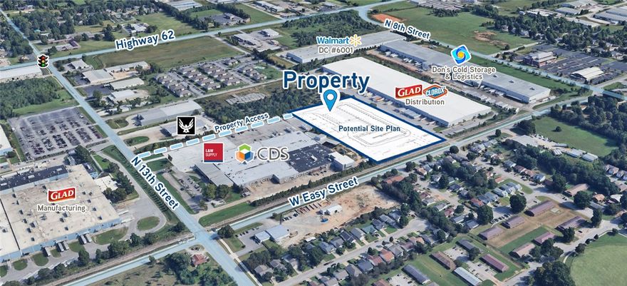Land for sale or built to suit with quick access to Highway 62 near the 13th Street and W Easy Street intersection in Rogers, Arkansas. Proposed 48,107-square-foot industrial warehouse building can accommodate the property and could include several loading docks with access from N 13th Street and potential secondary entry from W Easy Street. Great property for expansion with opportunity to include office space. Located in a Certified Opportunity Zone.
• +/- 6.67 acres
• Located in a Certified Opportunity Zone
• Zoned “I-2,” Heavy Industrial
• Adjacent to CDS Logistics, Glad Clorox Manufacturing and Don’s Cold Storage
• Quick access to Highway 62 and 3.0 miles to Interstate 49
• Potential rail spur access