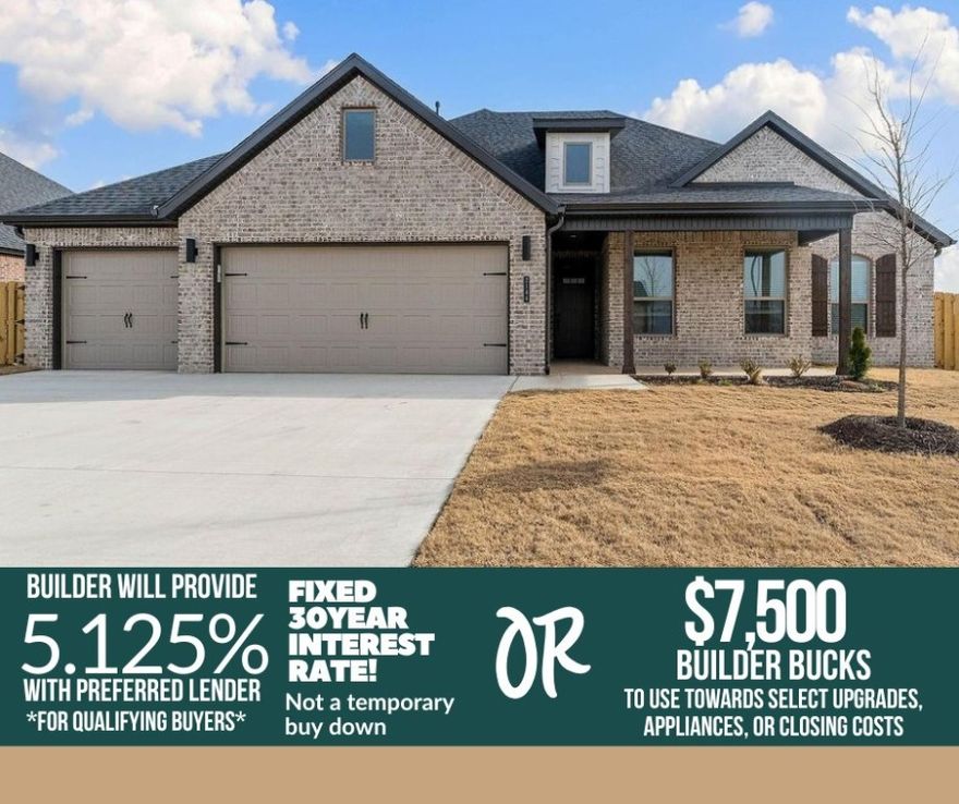 Nestled in the growing community of Pea Ridge, Concord offers the perfect blend of small-town charm and modern convenience—an ideal place to call home. Introducing the 2,282 plan this split layout features 4 bedrooms and 2.5 bathrooms. The primary suite is privately situated on one side of the home and offers a seamless flow from the bedroom to the bathroom, into the walk-in closet, and directly into the utility room. On the opposite side, three additional bedrooms share a full bath.At the center of the home, a vaulted living room opens to the kitchen and dining area. The living room showcases an electric fireplace, while the kitchen features beautiful quartz countertops throughout and a charming breakfast nook for casual dining. A convenient half bath is located just off the kitchen.Enjoy relaxing evenings on your covered front and back porches, with the backyard enclosed by a privacy fence. The 3-car garage provides generous space for parking and storage, completing this stylish and functional home.