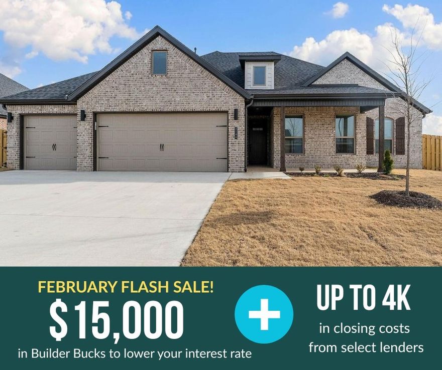 FLASH SALE: Contract in Feb and receive 15K in builder bucks and up to 4K from select lenders.Introducing the 2,282 plan this split layout features 4 bedrooms and 2.5 bathrooms. The primary suite is privately situated on one side of the home and offers a seamless flow from the bedroom to the bathroom, into the walk-in closet, and directly into the utility room. On the opposite side, three additional bedrooms share a full bath. At the center of the home, a vaulted living room opens to the kitchen and dining area. The living room showcases an electric fireplace, while the kitchen features beautiful quartz countertops throughout and a charming breakfast nook for casual dining. A convenient half bath is located just off the kitchen. Enjoy relaxing evenings on your covered front and back porches, with the backyard enclosed by a privacy fence. Plus a 3-car garage. Fence, blinds, and gutters are all included.