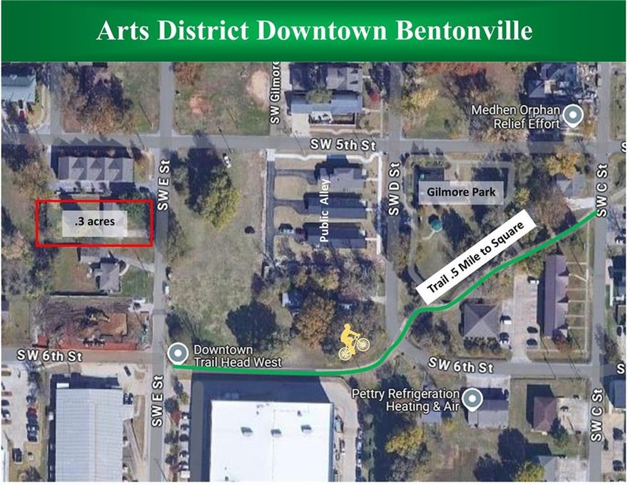 Developer's dream in the heart of Downtown Bentonville. 504 SW E Street is RC-2 zoned and ready for development — perfectly positioned between the historic Bentonville Square and the former Walmart Home Office campus, now the epicenter of NWA's most significant urban transformation.

Blue Crane (Walton family) just announced "The Hart on Main" — a landmark mixed-use residential, retail, and parking development one block from the square, breaking ground in 2026. The former Walmart campus is being redeveloped into a mixed-use district anchored by a Walton-backed STEM University opening in 2028, plus hotel, multifamily, and retail. The Compton Hotel (142 rooms) opens nearby this year. The Quilt of Parks pedestrian corridor is under construction through A Street.

The Razorback Greenway Trail at Gilmore Park is less than 100 feet away. World-class restaurants, shops, and pubs thrive within steps.
RC-2 zoning. Prime location. Generational timing. Call today.