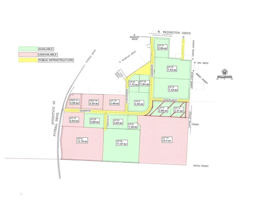 Great hard corner property with nice frontage on Cleveland St.  Zoned UT - Urban Thoroughfare, which is:  high density, mixed-use, up to 7 stories and administrative approval.  Also, a Certified Opportunity Zone.  Properties under development now are: to the south and further west - two multifamily projects.  To the west a Hyatt Hotel.  Across the street from that will be a sit-down restaurant, a double flag Hilton Hotel and a mixed-use development.  To the north will be a double flag Marriott, a sit-down restaurant and a coffee shop.  Property can be divided into 8 lots with administrative approval.  Will also divide prior to sale.  The entire south property line of overall property borders the City of Fayetteville trails park with the 18-mile traverse trail in that area.  Marinoni Drive is a three-lane street.  Great access to the I-49 newly-improved access leading to all of NWA effortlessly.  Wedington Dr. is the main west access to the City of Fayetteville and the University or Arkansas.