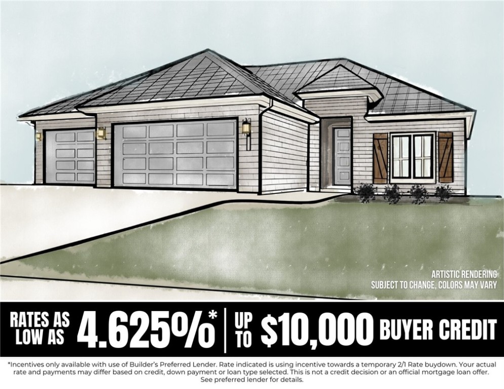 BUILD YOUR DREAM HOME! Buyers can choose colors and applicable options/selections now to May 30th, 2025 with accepted offer! This NEW CONSTRUCTION 3 bedrm 2 bathrm + Office home in the Mountain View Estates is just min from downtown Prairie Grove & under 10 mi to I-49 & Fayetteville! From the covered front porch head inside to a thoughtfully designed open concept space: Light & airy living w/ 10' ceilings, LVP floors throughout, dining area, & large kitchen feat: craftsman styled soft-close cabinetry, granite counters, stainless steel apps, pantry, & center island. Relax in the primary suite w tray ceiling & luxury private ensuite feat: separate sink vanities, private toilet, soaking tub, walk-in glass shower, & walk in closet laundry access! Built-in hall tree for addl storage! Split floor plan with 2 add’l BRs and full BA. Enjoy the comfort of a covered back patio & fenced-in backyard! More Features incl: R42 attic insulation, eve plug for holiday lights w/ switch, 8' tall garage doors & over-sized 3-car garage!