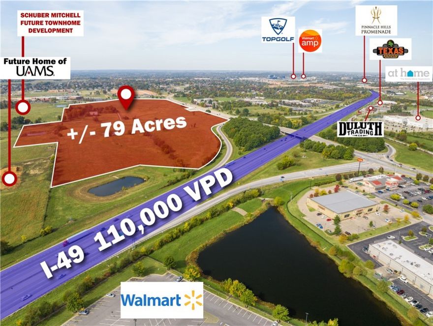 Exceptional Site Development Opportunity! +/- 79 acres of prime commercial land just off I-49 in Rogers! This highly visible site offers direct access from Exit 81 and boasts full utility access, with gas available at the street and water, sewer, electric available on site. Surrounded by top national retailers such as Walmart, Starbucks, Chick-fil-A, McDonald's, Academy, Ross, and a future Dick's Sporting Goods, the property is ideally positioned for high-traffic commercial use. Traffic counts reach +/- 110K VPD on I-49, 18K on W Pleasant Grove Rd. Ideal spot for retail, big box, grocery, and more. Just 2.5 miles from Top Golf and Walmart AMP, 10 min from the new Walmart World HQ, and less than 20 min to XNA. Additionally, University of Arkansas for Medical Sciences (UAMS) is building a new facility directly next to this site, and Schuber Mitchell Homes is set to develop +/- 520 housing units. Average household income within a 1 mile radius is +/- $170K - fueling growth and foot traffic to this dynamic location.