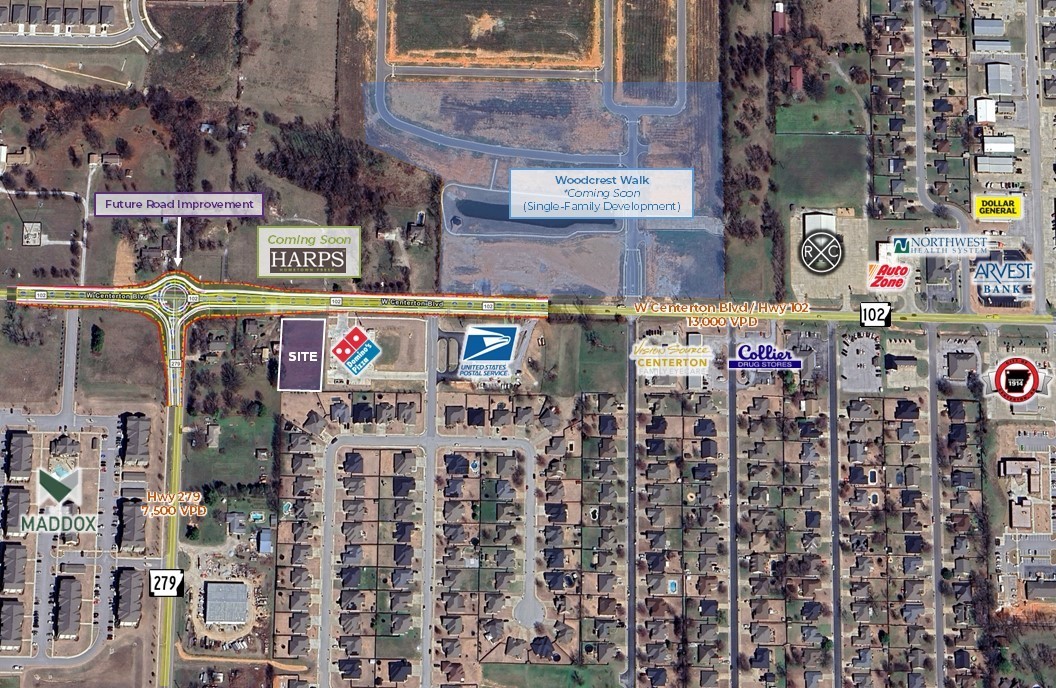 GROUND LEASE OR BUILD-TO-SUIT - Approximately 150 linear feet of frontage on W Centerton Blvd/Hwy 102 with favorable terrain for development. Future road improvements/roundabout planned adjacent to the property. New single-family development and new Harps Foods grocery store planned across the highway from this property. Lease Rate is negotiable.