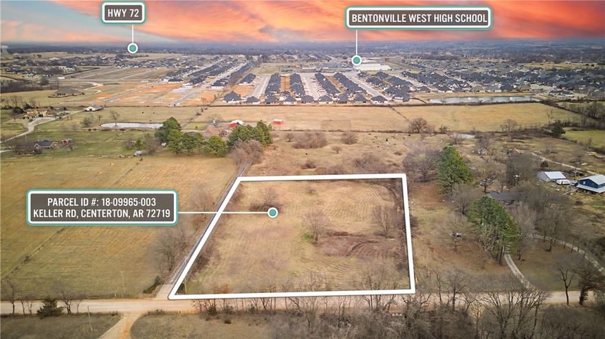 Build your dream home or invest in this rare 3.01-acre homesite on Keller Road in Centerton, located in one of Northwest Arkansas’ fastest-growing corridors. Utilities including water, natural gas, and electric are available at the street, and the property includes an existing well and septic system (to convey as-is). The voter-approved future Centerton Community Center is planned along Keller Road and will feature a fitness center, basketball and pickleball courts, and an Olympic-style pool. New residential subdivisions are developing across the road, further enhancing long-term value. The property is conveniently located near Bentonville West High School and a planned Walmart Supercenter, offering both accessibility and strong future growth potential. Property boundary lines shown in photos are approximate. Buyer to verify all details, utilities, zoning, and development information independently.