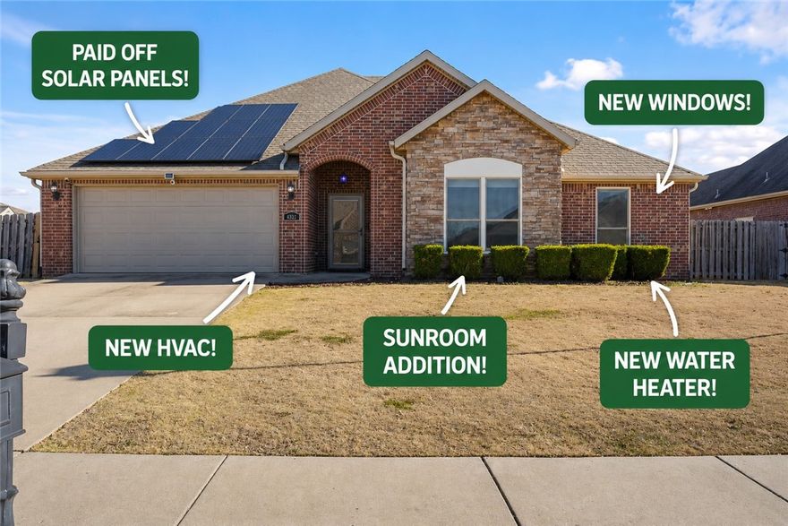 Paid-off solar panels help keep utility costs down in this well-maintained, upgraded home featuring a newer HVAC system, tankless water heater, and updated windows. The sunroom addition creates the perfect space to relax and enjoy year-round.
Located less than a one-minute walk to the neighborhood clubhouse, pool, and basketball courts, this home also offers convenient access to Shaw Elementary, I-49, Hwy 612, shopping, dining, and the Walmart Home Office. Situated in an established community with great amenities and a prime location.
Washer, dryer, hot tub, storage shed, gas grill, and Ring doorbell system convey with acceptable offer.