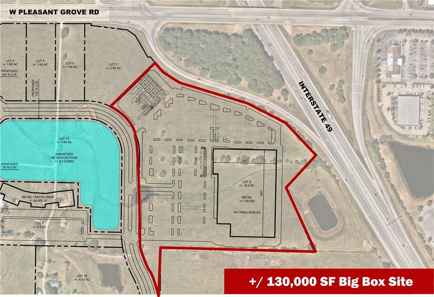 Exceptional Site Development Opportunity! +/- 19.2 acres of prime commercial land just off I-49 in Rogers, AR! This highly visible site offers direct access from Exit 81 and boasts full utility access, with water, sewer, and gas available at the street and electric available on site. Surrounded by top national retailers such as Walmart, Starbucks, Chick-fil-A, McDonald's, Academy, Ross, and a future Dick's Sporting Goods, the property is ideally positioned for high-traffic commercial use. Traffic counts reach approx. 110,000 VPD on I-49 and 18,000 on W Pleasant Grove Rd. Ideal spot for retail, big box, grocery, and more. Located just 2.5 miles from Top Golf and Walmart AMP, 10 minutes from the new Walmart World HQ, and less than 20 minutes to XNA. Additionally, University of Arkansas for Medical Sciences (UAMS) is building a new facility directly next to this site, and Schuber Mitchell Homes is set to develop +/- 520 housing units - fueling growth and foot traffic to this dynamic location.