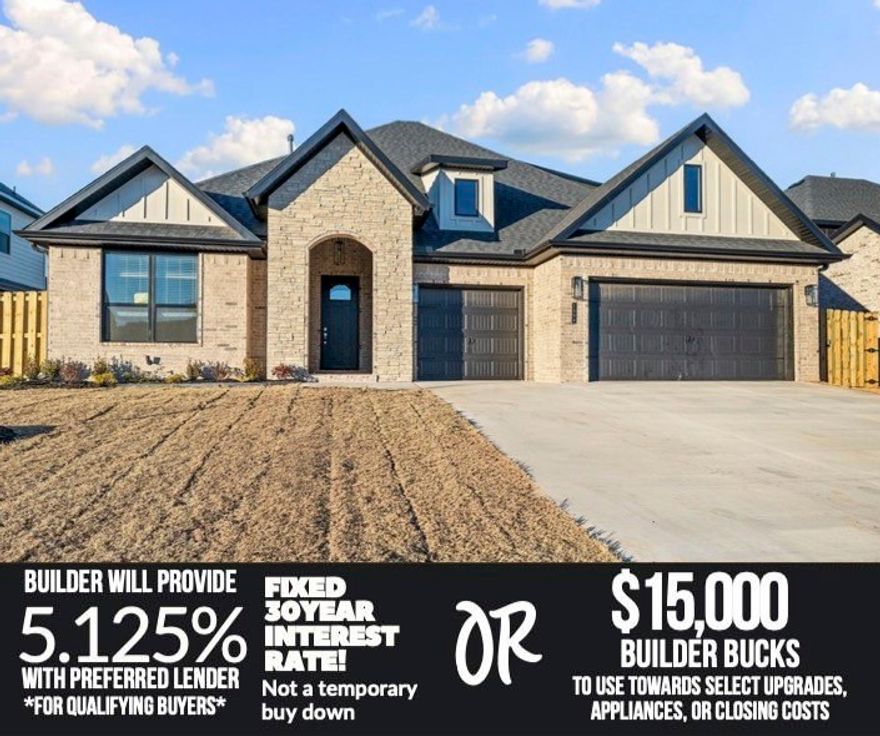 Welcome to Hillcrest in Cave Springs!Nestled on the peaceful outskirts of town, Hillcrest offers a rare blend of natural serenity and everyday convenience in NWA from shopping and dining to entertainment and top-rated schools. Introducing the 2600 Plan this spacious 5-bedroom, 3-bath home offers over 2,600 square feet of flexible, functional living space. Four bedrooms are located on the main level, including a private primary suite thoughtfully separated from the other rooms by the open-concept kitchen, dining, and living areas.The fifth bedroom is located upstairs with its own full bath. One of the main-level bedrooms can easily be converted into a dedicated office.Additional features include a spacious three-car garage with plenty of storage, and a covered back patio with a cozy fireplace.