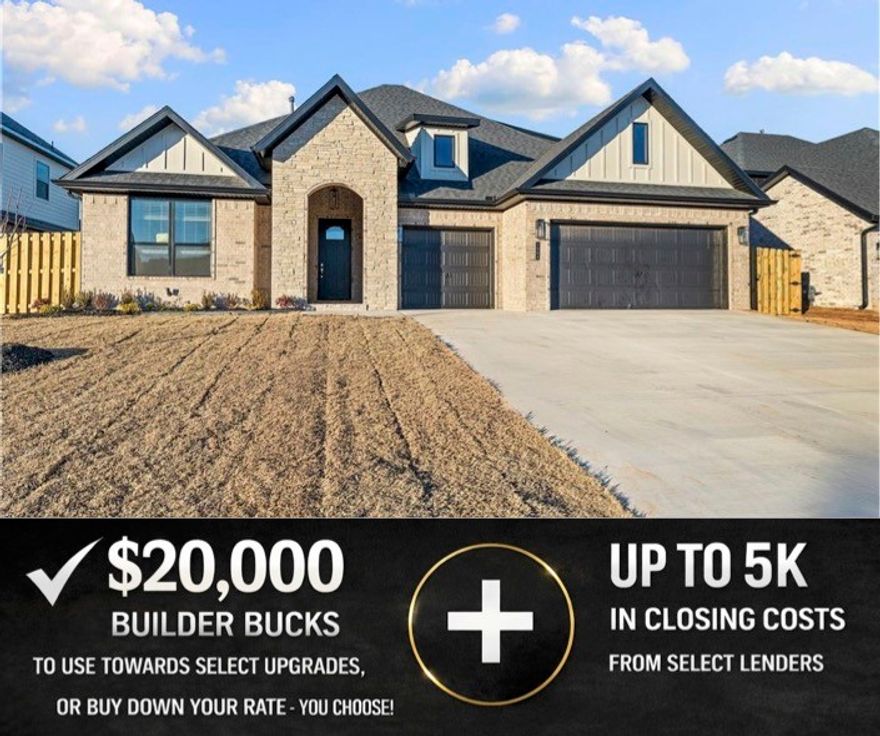 Hillcrest offers a rare blend of natural serenity and everyday convenience in NWA from shopping and dining to entertainment and top-rated schools. Introducing the 2600 Plan this spacious 5-bedroom, 3-bath home offers over 2,600 square feet of flexible, functional living space. Four bedrooms are located on the main level, including a private primary suite thoughtfully separated from the other rooms by the open-concept kitchen, dining, and living areas. The fifth bedroom is located upstairs with its own full bath. One of the main-level bedrooms can easily be converted into a dedicated office. Additional features include a spacious three-car garage with plenty of storage, and a covered back patio with a cozy fireplace. For a limited time, Builder Incentives: $20,000 Builder Bucks to use towards select upgrades, appliances, or buy down your rate – you choose! Plus up to 5K from select lenders. For a total of up to 25K with lender incentives! Fence, blinds, and gutters are all included.