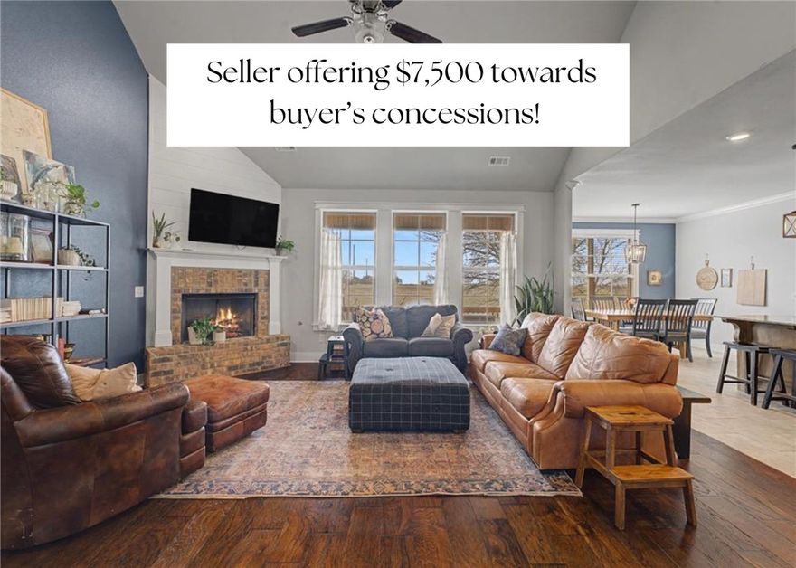 Seller now offering $7,500 in concessions to the buyer for closing costs, etc! Try to find a newer 4 bedroom 3 bathroom home in Siloam Springs for this price! Built in 2021, this well-built home has an amazing bonus room and no neighbors in the back (pasture). Quality finishes throughout, and it's clear that the garage enclosure 2nd living room was done very well - it feels like the rest of the home, and has a loft office area! Vaulted ceilings, gas log fireplace, crown molding, accent walls, attic storage, walk-in closets, granite counters, & double sinks in two bathrooms. Electric range but plumbed for gas as well. 2 minutes (1.4 miles) from City Lake Park where you can mountain bike, fish, play frisbee golf, or walk around the Lake/Creek! Amazing value per square foot and convenient location! New roof June 2025. In a market that doesn't provide much affordability - this home does!