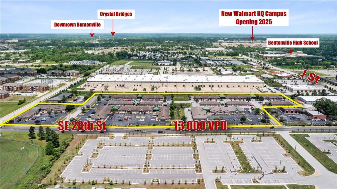 Executive Medical/General Office Park that is 95.4% Leased, listed for a true 6.8% Cap Rate, and Priced WELL-BELOW Replacement cost at $134.75 PSF! Located in the heart of Booming Bentonville, one of the fastest-growing market centers in the country! Additionally, this investment offers a solid mix of tenants: Roughly 33% Medical, 44% General Business, 17% Walmart Vendor/Suppliers, and 6% Child Services such as daycare and tutoring centers. Nestled between two of the busiest streets in town, S. Walton Blvd. & SE J St.; This offering includes 100,183sqft comprising of 17 buildings with 58 units. 11 of the buildings have brand new roofs, the other 6 will be brand new by closing for the new buyer to enjoy. The property is on a sprawling 11-acres, estimated to be worth $5,000,000 in itself. Boasting Major Road Frontage on SE 28th St. which sees over 13,000 VPD! Conveniently close to everything: Downtown Bentonville, Crystal Bridges Museum, & Walmart’s new 350-acre World HQ, all within 2.5 miles & easy access to I-49.