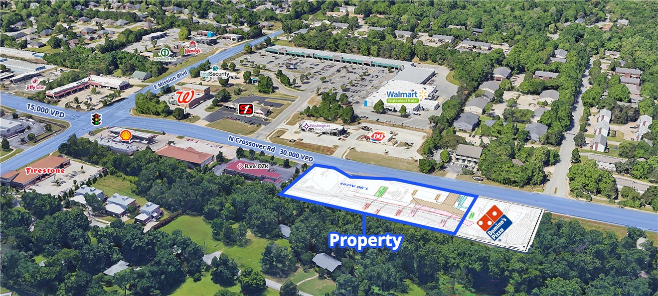 Commercial land for sale, ground lease or build to suit near the N Crossover Road and E Mission Blvd intersection in Fayetteville, Arkansas. Great opportunity for retail development in a dense area surrounded by other major retailers. Location is a main destination providing convenience and service to the suburbs of Fayetteville. Land totals approximately 1.9 acres and currently has two curb cuts / access points.