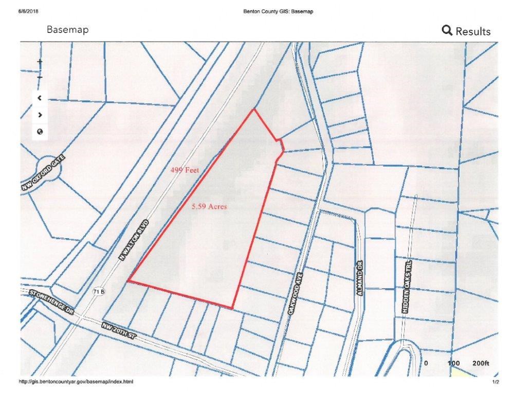 499 Ft of Hwy Frontage on N. Walton Blvd. The Hwy Dept. has stated one or two drive ways onto Walton Blvd and once more of the property is developed and level with the road. It's a must see.
Zoned C-2, General Commerical