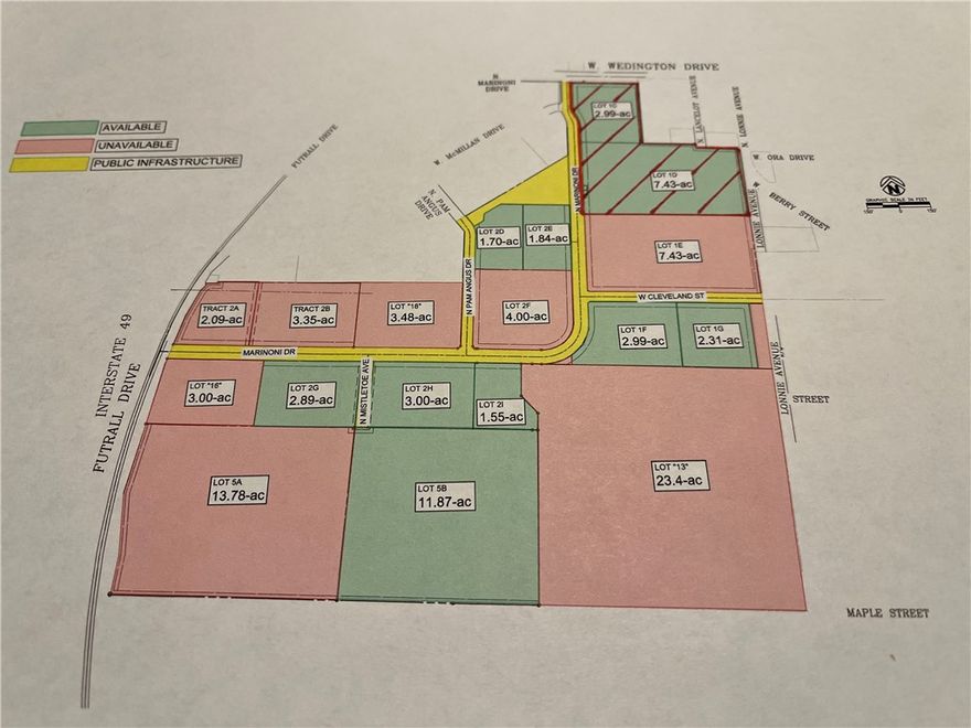 Rare opportunity to own a sizeable property in what is the center of Fayetteville (literally).  Zoned UT-Urban Thoroughfare, high density, mixed-use, up to 7 stories and administrative approval.  Property to the west will be a coffee shop, double flag Marriott, and a restaurant.  Property to the south will be a double flag Hilton, two more restaurants, a Hyatt Hotel and two multifamily complexes.  The entrance on Marinoni will be four lanes, narrowing to three lanes for the duration all the way to Futrall Dr., which is a dedicated two-lane leading to a newly completed entrance to I-49 and all of Northwest Arkansas. The City of Fayetteville trails park runs the entire width of the south border of the development with planned access on Futrall.