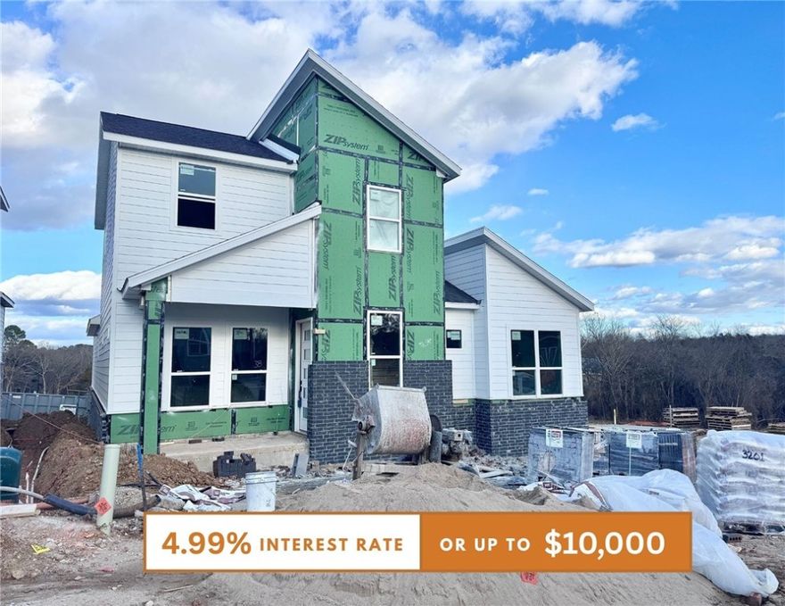 Discover this stunning modern home in the perfect East Fayetteville location—just a short walk to beloved Gulley Park! Ewan floorplan featuring designer finishes throughout! Enjoy a spacious open floorplan with a large living room, electric fireplace with accent wall, and beautiful wood flooring. The chef’s kitchen boasts 3cm quartz countertops, stainless steel frigidaire professional-grade appliances, custom cabinets to the ceiling with soft close hinges, vented hood, and a walk-in pantry. The luxurious primary suite includes hardwood floors, custom beams, and a spa-like bathroom with walk in tile shower, soaking tub, double sinks and walk in closet. With a formal dining area with accent wall, lot upstairs for relaxing, cubbies to keep you organized, large covered patio, and included blinds and gutters, this home blends comfort, style, and convenience in one unbeatable package. POA maintained lawncare!