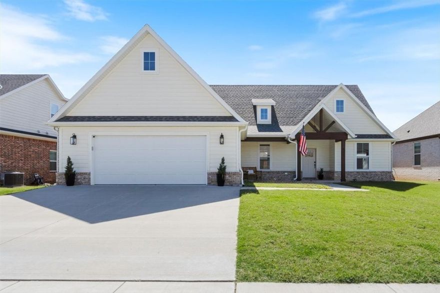 Welcome to a charming home in the thriving heart of Prairie Grove! Sunlight fills the open floor plan, highlighting a cozy living area with a gas fireplace—perfect for quiet evenings or entertaining guests. The kitchen boasts abundant cabinetry, granite countertops, modern appliances, a walk-in pantry, and a spacious eat-in area. Retreat to a comfortable primary suite featuring double sinks, a walk-in tile shower, a soaking tub, and a generously sized walk-in closet. Additional highlights include a convenient laundry room with ample storage, a brick exterior, blinds throughout for privacy and comfort, a covered back patio for outdoor enjoyment, and a fenced backyard ideal for gatherings, pets, or play. This delightful home merges comfort and style in a fantastic location. A home warranty is included, and the special small-town atmosphere—reminiscent of a Hallmark movie—make this home the one you’ll want to see first!