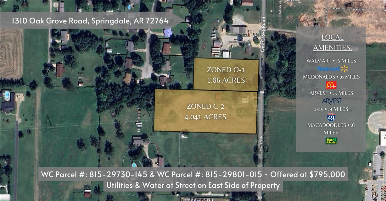 New listing thats priced to sell. Completely level acreage in highly desirable and growing area. Property is zoned Office-1 and C-2 with option to have rezoned according to need. Just off the I-49 Elm Springs exit (west). This area is booming and provides an opportunity to take advantage of the growth. Sewerage/water at road and utilities on site.
