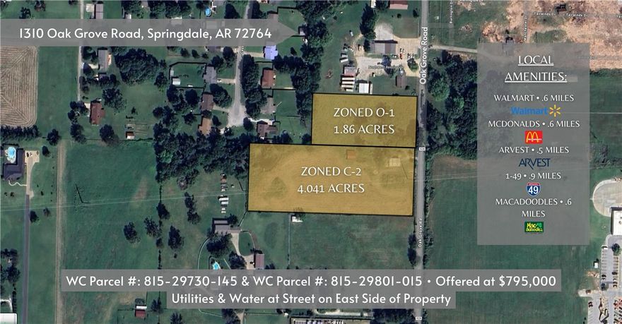 New listing thats priced to sell. Completely level acreage in highly desirable and growing area. Property is zoned Office-1 and C-2 with option to have rezoned according to need. Just off the I-49 Elm Springs exit (west). This area is booming and provides an opportunity to take advantage of the growth. Sewerage/water at road and utilities on site.