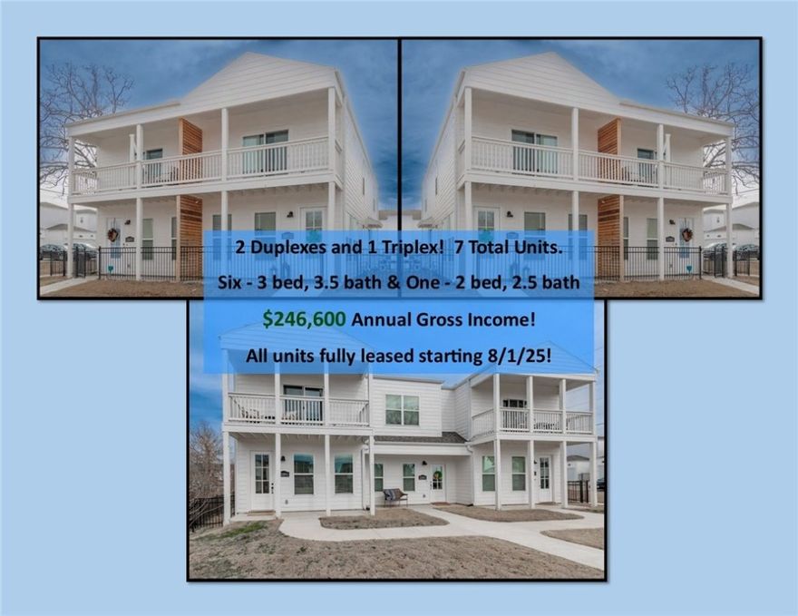 BRAND NEW INVESTMENT PROPERTY IN AN OPPORTUNITY ZONE! Property has 2 duplexes and 1 triplex for a total of 7 units! All units are fully leased with a total annual gross income of $246,600. All leases start August 1st. 1 year builders' warranty is transferrable to new owners. Six units are 1757 square feet with 3 bedrooms and 3.5 baths.  The middle unit of the Triplex is 1103 square feet with 2 bedrooms, and 2.5 baths.  All units feature a spacious open layout, big kitchen island, beautiful quartz countertops, durable luxury vinyl plank flooring, custom built cabinets to the ceiling, gas range, built in microwave, fridge, washer, dryer, and so much more!  All bedrooms have their own private bathroom!  Location is just minutes from the U of A, Dickson St, Fayetteville Square and more!   Within walking distance to the Razorback Baseball Stadium!  Easy access to walking/biking trails and the razorback greenway.  Pictures are of the same floor plans built in different locations.  Some features and finishes may vary.