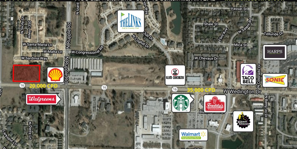 Will Subdivide. All utilities at street. Zoned Community Services. 27,000 CPD on West Wedington. Lots can be sub-divided.
Near many developments, shopping, restaurants & U of A. 267' of frontage on Wedington Drive.