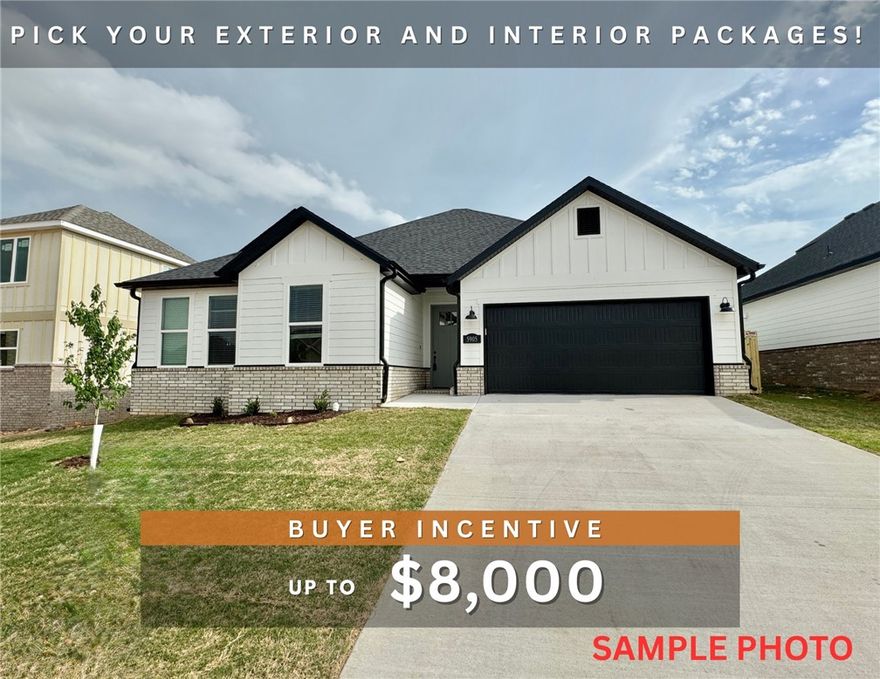 Fence, blinds and gutters included! Discover your dream home in the sought-after Osage Hills neighborhood. Arkansas plan with garage on the left and South facing! Pick your exterior and interior packages! 10 ft ceilings in the living/kitchen area, linear electric fireplace, 1 level, LVP flooring throughout the main living areas and primary bedroom, quartz countertops and more. Chef's kitchen boasting frigidaire stainless steel appliances, gas range, pantry, quartz countertops, bar pull handles, large island and gorgeous backsplash. Luxurious primary bedroom features abundant natural light, while the spa-like primary bathroom offers a walk-in shower, double sinks, and spacious walk-in closets. Additional features include two large secondary bedrooms and a separate laundry room. Nestled on a generous lot with covered patio that overlooks the serene sodded, fully fenced backyard. Sturdy concrete siding & brick! Model home located at 6008 SW Coywolf St- Lot 122.