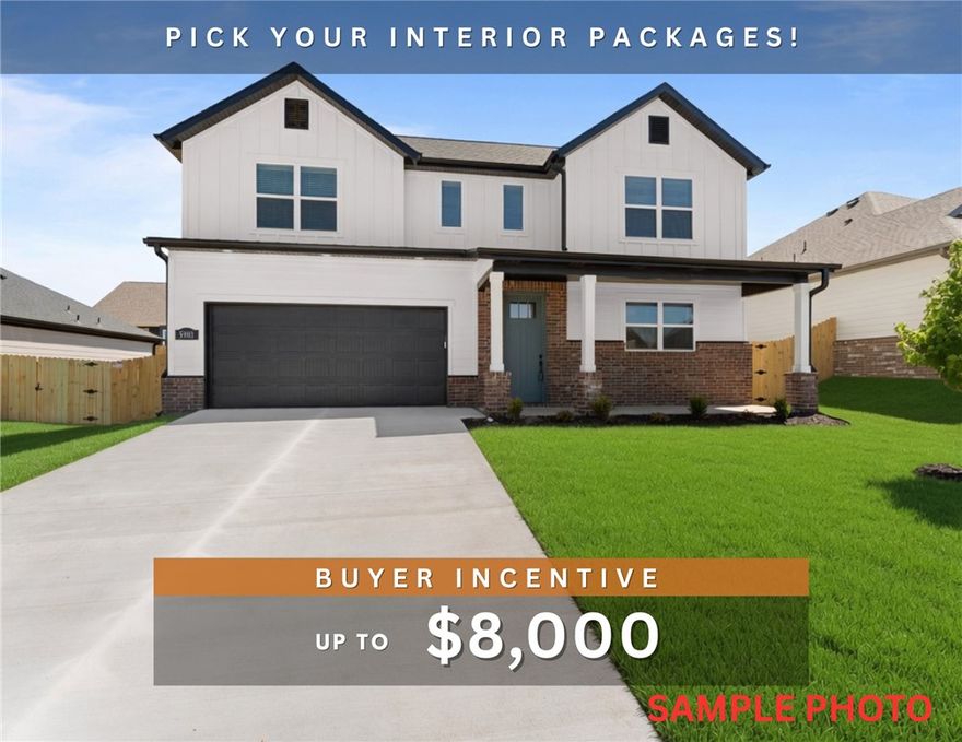 Fence, blinds and gutters included! Discover your dream home in the sought-after Osage Hills neighborhood. Frisco plan with garage on the left and South facing! Pick your interior packages! 9 ft ceilings, linear electric fireplace, LVP flooring throughout the main living areas and primary bedroom, quartz countertops and more. Chef's kitchen boasting frigidaire stainless steel appliances, gas range, pantry, quartz countertops, bar pull handles, large island and gorgeous backsplash. Luxurious primary bedroom features abundant natural light, while the spa-like primary bathroom offers a walk-in shower, tub, double sinks, and spacious walk-in closets. Additional features include three large secondary bedrooms upstairs and a separate laundry room. Nestled on a generous lot with covered patio that overlooks the serene sodded, fully fenced backyard. Sturdy concrete siding & brick! Model home located at 6008 SW Coywolf St- Lot 122.
