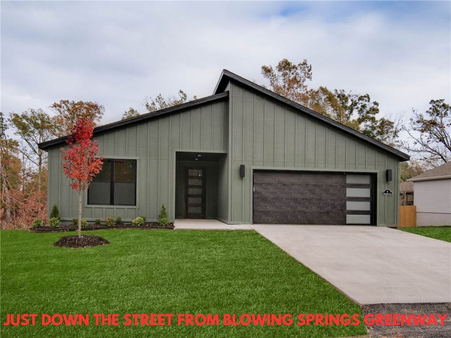 Modern home sitting on a FLAT .35 ACRE LOT AND DOWN THE STREET FROM THE BLOWING SPRINGS GREENWAY & TRAIL CROSSING! This stunning residence features a large kitchen island, black stainless steel appliances (including gas range), 3 cm countertops, walk-in pantry, custom cabinets, & high-end finishes throughout. The inviting living space boasts 10-foot ceilings and a beautiful fireplace, while the oversized custom tile shower adds a touch of luxury to the primary bath. Step outside to the large covered porch—perfect for relaxation and entertaining.