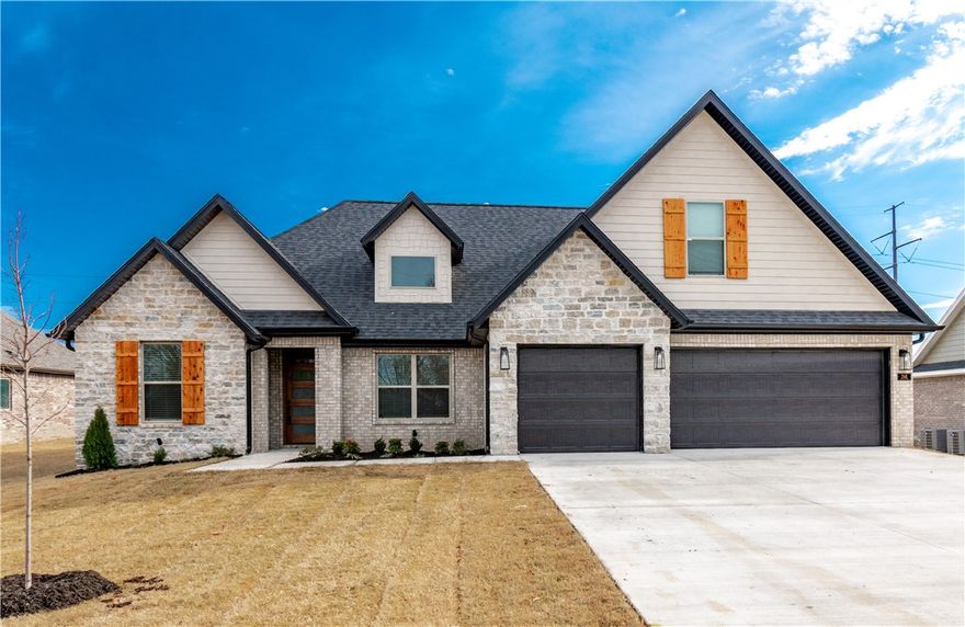 Wonderful floor plan with 3 bedrooms or a large 4th bedroom/bonus room. Large open spaces great for entertaining, installed security system, large master bathroom and walk in closets, nice big pantry. Fencing around backyard to be installed, blinds, and gutters included. Less than 20 minutes to Tyson World Headquarters. Concessions include $7500 from the builder towards closing costs or lowering interest rate. Get an additional up to $5000 if you use the preferred lender.