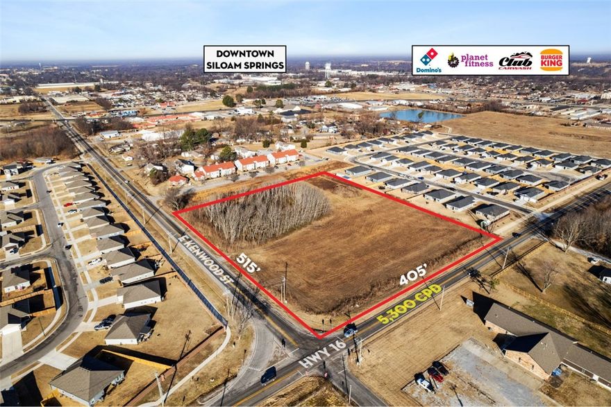 High-visibility corner lot fronting Hwy 16 in a path of strong growth! Surrounded by new residential construction, and within close proximity to established restaurants and expanding commercial businesses along Hwy 412. Siloam Springs has seen a 15% population increase since 2020 with diverse economic activity and community amenities to support long-term demand.

Prime development acreage at a 4-way intersection.
Ideal for retail, office, mixed-use, or multi-family.
Level topography with all utilities on site.
Property is located within an opportunity zone.
Over 400’ of Hwy 16 road frontage & 5,300 CPD.
Easy access to Hwy 412, NWA, & Oklahoma.