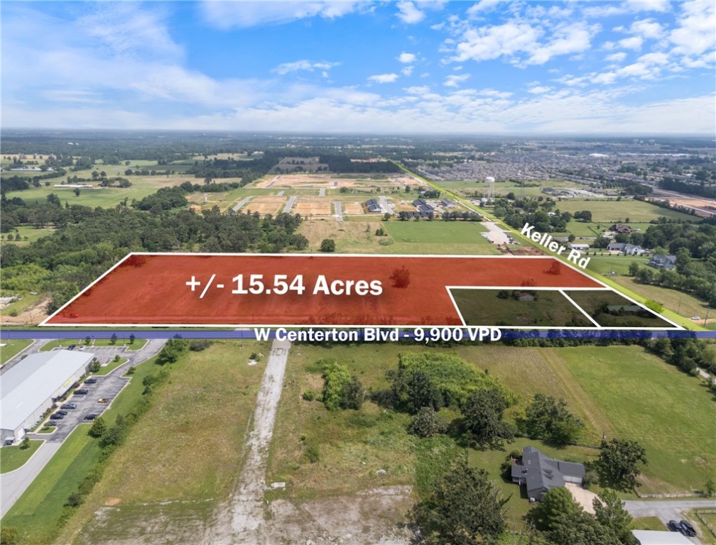 +/- 15.54 acres of prime land available near the corner of W Centerton Blvd and Keller Rd in Centerton.
Currently zoned A-1 Agricultural, this property offers a strong redevelopment opportunity for commercial
use. Ideal for an office, retail space, QSR, or multi-family units, this lot is strategically positioned on W
Centerton Blvd, which sees approx. 9,900 VPD. Gas is available on site, Water is available at the street,
and Sewer is available approx. 750' to the east of the property. The location is less than one mile from
Highway 279, around 1.5 miles from Centerton's Main St., approx. 2 miles from Bentonville West High
School, and just 7.5 miles from Northwest Arkansas National Airport (XNA), making it a convenient and
high traffic area for a future business development.