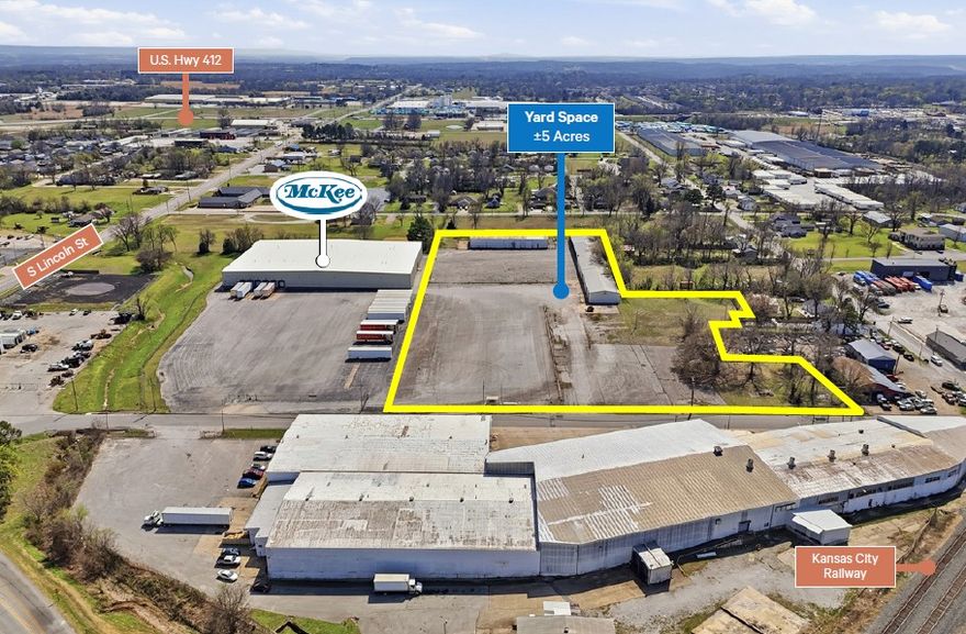 Prime industrial yard space available for lease in Siloam Springs. This ±5-acre lot offers an exceptional opportunity for businesses requiring significant laydown or storage areas. The property is partially paved, lit, and fenced along Jefferson St, providing security and convenience. Additionally, there is potential for ±10,350 SF of building space on-site, available as needed.