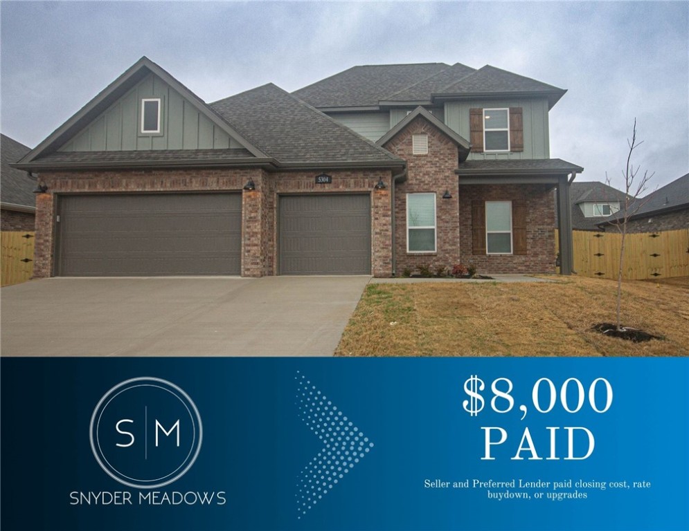 $8,000 PAID- $5,000 from Seller and $3,000 preferred Lender credit to Buyer & fence, blinds and gutters included! Immerse yourself in the allure of Snyder Meadows & relish in the contemporary charm of this new construction home. Harrison X plan w/ garage on the left and front door facing East! Open floorplan with modern details. Tall ceilings in the spacious living room with stained custom beams, gas fireplace enveloped in shiplap & stained beam mantle. Chef's kitchen boasts Frigidaire stainless steel appliances, gas range, pantry, quartz countertops, large kitchen island, & captivating backsplash. Unwind in the luxurious master bedroom with abundant natural light. Spa-like master bath offers a walk-in shower, double sinks, tub, & walk-in closets. Study on the main level, providing a quiet space for work, as well as a bonus room upstairs, offering additional room for entertainment. Large lot w/a covered patio overlooking the picturesque backyard, providing a haven in the heart of Northwest Arkansas