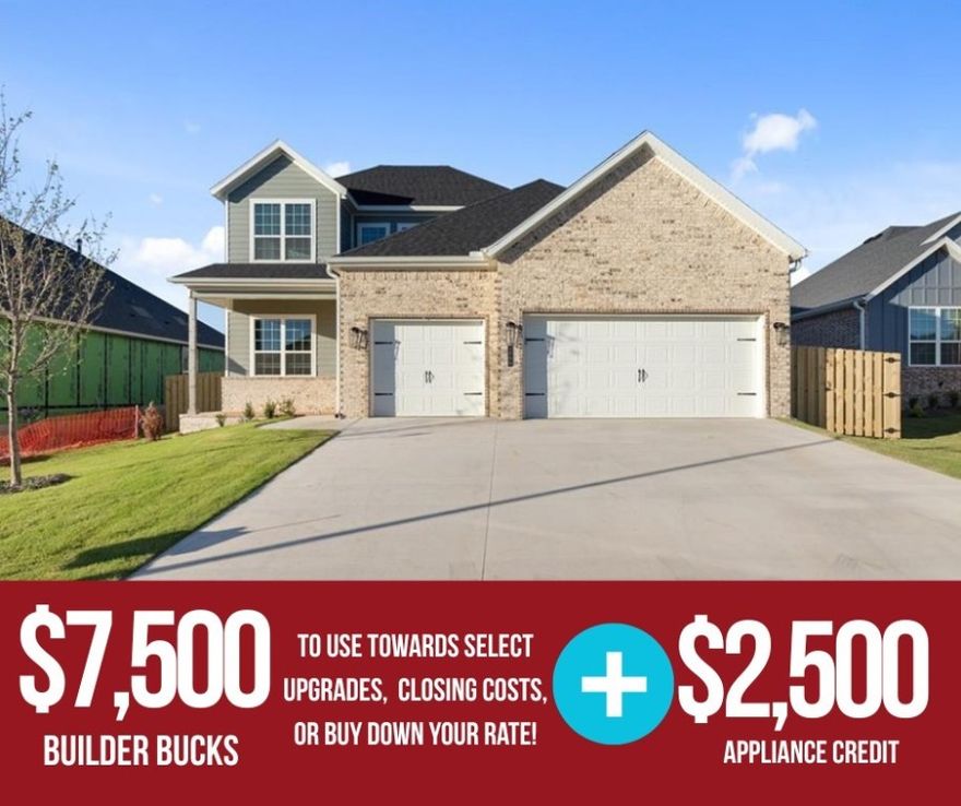Welcome to the Willow Plan a stunning 2,285 sq. ft., 4-bedroom, 2.5-bath home with a dedicated office and 3-car garage, located in the desirable Yorktown Subdivision of Pea Ridge, Thoughtfully designed with 10-foot ceilings across the main floor, this home offers a bright, open, and inviting feel throughout. The accent wall in the office and custom trim surrounding the electric fireplace add beautiful designer touches that make this home truly stand out.  The dreamy kitchen showcases a large center island and a spacious pantry, perfect for cooking, entertaining, and everyday living. Enjoy outdoor relaxation on the covered front porch and covered back patio. Fence, blinds, and gutters included. For a limited time, Lower your interest rate with $7,500 from the builder + $2,500 appliance allowance + up to 4k in closing costs from select lenders. For a total of up to 14K with lender incentives. Fence, blinds, and gutters are all included.