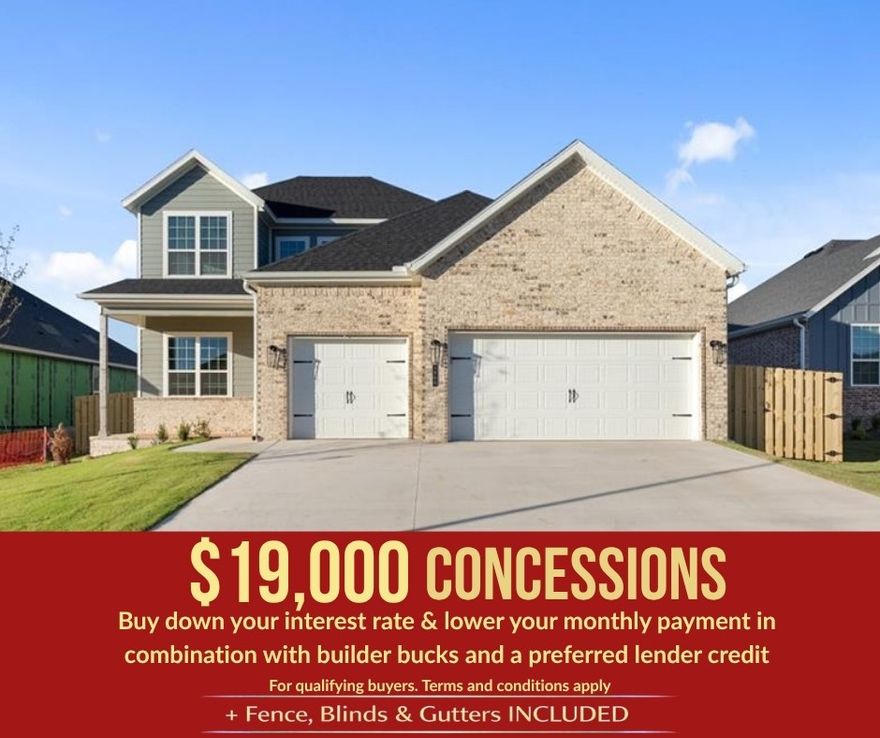 Welcome to the Willow Plan a stunning 2,285 sq. ft., 4-bedroom, 2.5-bath home with a dedicated office and 3-car garage, located in the desirable Yorktown Subdivision of Pea Ridge, Thoughtfully designed with 10-foot ceilings across the main floor, this home offers a bright, open, and inviting feel throughout. The accent wall in the office and custom trim surrounding the electric fireplace add beautiful designer touches that make this home truly stand out.  The dreamy kitchen showcases a large center island and a spacious pantry, perfect for cooking, entertaining, and everyday living. Enjoy outdoor relaxation on the covered front porch and covered back patio. Fence, blinds, and gutters included. For a limited time, Lower your interest rate with $15,000 from the builder + up to 4k in closing costs from select lenders. For a total of up to 19K with lender incentives. Fence, blinds, and gutters are all included.