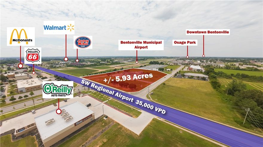 This prime +/- 6 acre commercial property offers an unbeatable location just off SW Regional Airport Blvd, which approx. 35,000 VPD. Zoned C-2 General Commercial, currently an event venue, but is ideal for retail space, restaurants, medical offices, professional offices, auto repair shops, car washes, and more. The site is open, level, and development ready with electric and water available on site and sewer access at the street (1,200' west). Positioned next to the Bentonville Municipal Airport, the property is only 2 miles from I-49, 3 miles from Walmart's new World HQ, 3.1 miles from Downtown Bentonville, and 10 miles from Northwest Arkansas National Airport (XNA). With exceptional visibility, strong traffic counts, and utilities already in place, this lot is an outstanding opportunity for investors and business owners seeking high exposure commercial real estate in one of the fastest growing markets in NWA!