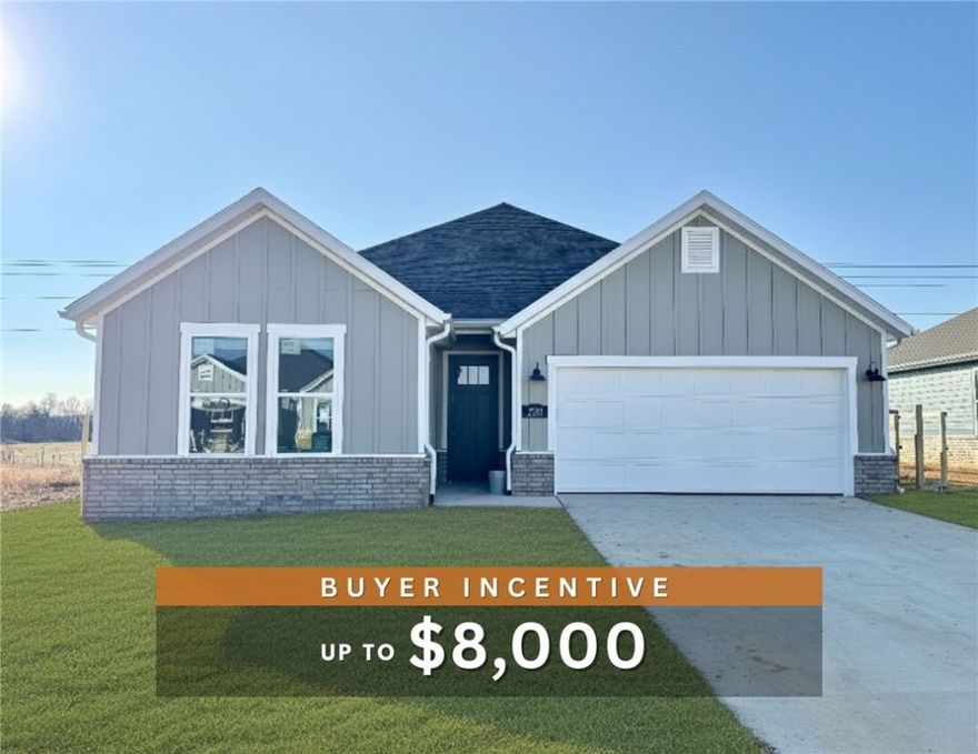 Fence, blinds and gutters included! Discover your dream home in the new neighborhood- Jacob's Crossing. Caden plan with 1 level, garage on the right & North facing! 13 ft ceilings in the living and dining, linear electric fireplace, LVP flooring throughout the main living areas & primary bedroom, quartz countertops & more. Chef's kitchen boasting frigidaire stainless steel appliances, gas range, pantry, quartz countertops, bar pull handles, large island & gorgeous backsplash. Luxurious primary bedroom features abundant natural light, while the spa-like primary bathroom offers a walk-in shower, double sinks, tub & spacious walk-in closets. Additional features include two large secondary bedrooms & a functional laundry room. Nestled on a generous lot with covered patio that overlooks the serene sodded, fully fenced backyard, creating an exceptional living experience. Sturdy concrete siding! Model home located at 3631 Tranquility St- Lot 1.