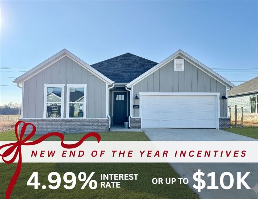Fence, blinds and gutters included! Discover your dream home in the new neighborhood- Jacob's Crossing. Caden plan with 1 level, garage on the right & North facing! 13 ft ceilings in the living and dining, linear electric fireplace, LVP flooring throughout the main living areas & primary bedroom, quartz countertops & more. Chef's kitchen boasting frigidaire stainless steel appliances, gas range, pantry, quartz countertops, bar pull handles, large island & gorgeous backsplash. Luxurious primary bedroom features abundant natural light, while the spa-like primary bathroom offers a walk-in shower, double sinks, tub & spacious walk-in closets. Additional features include two large secondary bedrooms & a functional laundry room. Nestled on a generous lot with covered patio that overlooks the serene sodded, fully fenced backyard, creating an exceptional living experience. Sturdy concrete siding! Model home located at 3631 Tranquility St- Lot 1.