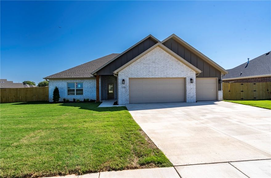 Stunning new construction offering modern design and timeless finishes. The exterior features a three-car garage, fresh landscaping, and a fully fenced backyard. Open concept living space with vaulted ceilings, durable wood-look tile flooring, and a cozy gas-log fireplace as the centerpiece. The kitchen has white cabinetry, granite countertops, stylish lighting, stainless steel appliances—including a gas range—and a large island perfect for gatherings. A spacious walk-in pantry provides excellent storage. The primary suite is a private retreat, featuring a tray ceiling, plush carpet, and an en-suite with dual vanities, granite counters, a custom-tiled shower, and a large walk-in closet. The oversized backyard offers plenty of space for outdoor fun and relaxation. Blinds, Fencing & Gutters are included.