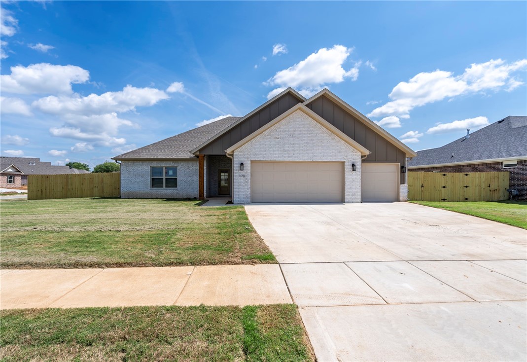 Stunning new construction offering modern design and timeless finishes. The exterior features a three-car garage, fresh landscaping, and a fully fenced backyard. Open concept living space with vaulted ceilings, durable wood-look tile flooring, and a cozy gas-log fireplace as the centerpiece. The kitchen has white cabinetry, granite countertops, stylish lighting, stainless steel appliances—including a gas range—and a large island perfect for gatherings. A spacious walk-in pantry provides excellent storage. The primary suite is a private retreat, featuring a tray ceiling, plush carpet, and an en-suite with dual vanities, granite counters, a custom-tiled shower, and a large walk-in closet. The oversized backyard offers plenty of space for outdoor fun and relaxation. Blinds, Fencing & Gutters are included.