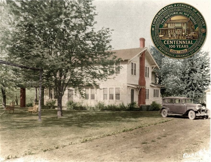 Celebrate the centennial of this exquisitely restored Prairie-Craftsman farmhouse—an iconic piece of Bentonville’s history, once the heart of a 500-acre apple orchard. Every detail honors its 100-year legacy, from original wood floors and high coffered ceilings to wainscoting and restored double-hung windows, seamlessly paired with the confidence of a full-scale renovation including updated plumbing, electrical, HVAC, foundation, and a new roof. The home blends timeless craftsmanship with elevated finishes—soapstone, Carrara marble, and custom black walnut cabinetry by local artisans. The home offers expansive spaces, spa-inspired baths, and a chef’s kitchen. A vaulted coach house provides flexible space for a studio, office, or fitness retreat. Set on a rare one-acre parcel, with a 1200sqft wraparound deck, native stone patios, and lush, park-like gardens—all just minutes from Crystal Bridges, Orchard Park, and the Bentonville Square. A true legacy property, fully restored for modern living.
