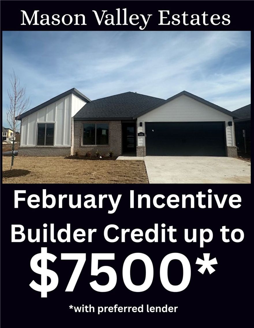 Gladstone floorplan on beautiful corner lot in Mason Valley Estates.  Builder incentives available for rate buy-down, upgrades or used toward closing costs.