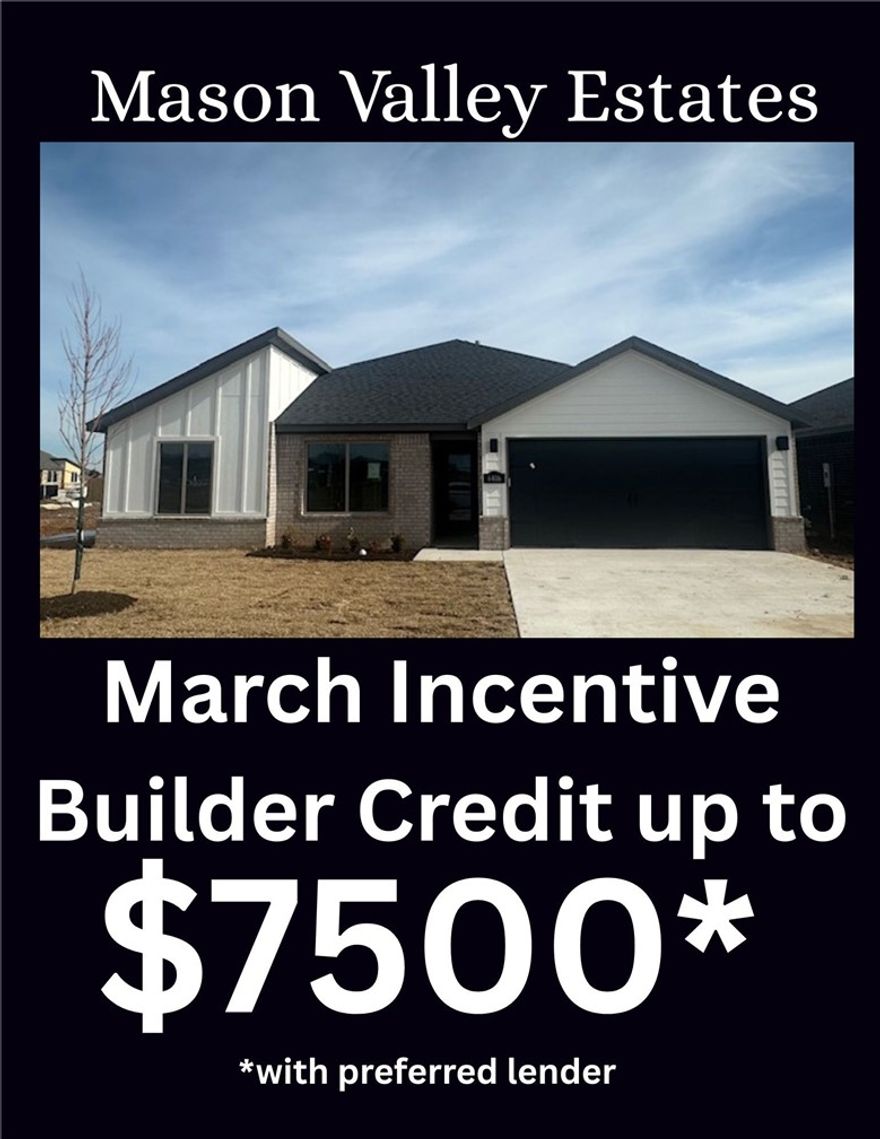 Welcome to Gladstone Plan, a stunning new construction home in the Mason Valley Estates Subdivision, located in the highly desirable Bentonville School District. Designed with both style and functionality, this 3-bedroom, 2 bath home offers a perfect blend of modern elegance and everyday comfort. The open-concept layout invites you to s ee the spacious interior. At the heart of the home, the kitchen shines with granite countertops, custom cabinetry, a large island, and premium stainless steel appliances, making it perfect for hosting or casual dining. Cozy up by the gas fireplace in the living area or enjoy the practicality of a gas range for all your cooking. With luxury finishes throughout, this home is truly designed for today’s lifestyle. Situated in an exciting new community, future amenities include a pool, adding even more value to your investment. Don’t miss your chance to own the Gladstone Plan. Schedule your showing today and take advantage of the $4,000 builder credit, and up to $3,500 lender credit.