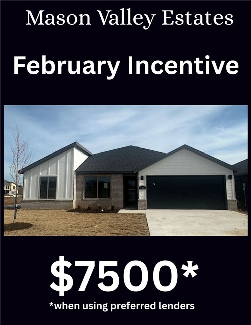 Gladstone floorplan on beautiful corner lot in Mason Valley Estates.  Builder incentives available for rate buy-down, upgrades or used toward closing costs.