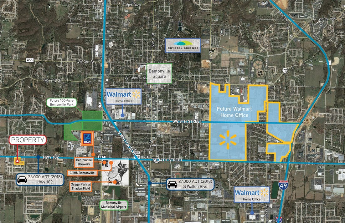 5.30 +/- acres zoned C-1 Commercial. Owner will subdivide. Highway 102 Frontage. Significant developments in immediate area including new 100-acre "destination park", Bentonville Brewery, Climb Bentonville and Osage Park at Thaden Field.