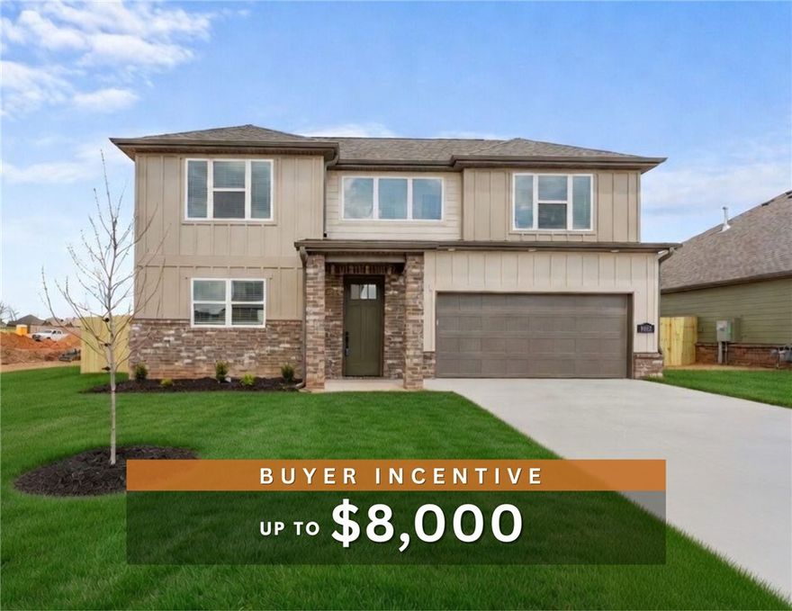 Fence, blinds and gutters included! Discover your dream home in the sought-after Osage Hills neighborhood. Frisco plan with garage on the right and South facing! 9 ft ceilings, linear electric fireplace, LVP flooring throughout the main living areas and primary bedroom, quartz countertops and more. Chef's kitchen boasting frigidaire stainless steel appliances, gas range, pantry, quartz countertops, bar pull handles, large island and gorgeous backsplash. Luxurious primary bedroom features abundant natural light, while the spa-like primary bathroom offers a walk-in shower, tub, double sinks, and spacious walk-in closets. Additional features include three large secondary bedrooms upstairs and a separate laundry room. Nestled on a generous lot with covered patio that overlooks the serene sodded, fully fenced backyard. Sturdy concrete siding & brick! Model home located at 6008 SW Coywolf St- Lot 122.