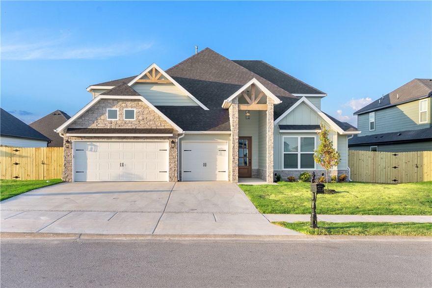 Maple Estates in Centerton offers prime access to Bentonville’s West High School Campus, nearby schools, and top amenities including a pool, clubhouse, basketball court, and pond. Residents enjoy close proximity to state-of-the-art schools, medical facilities, shopping, entertainment, Downtown Bentonville, and Walmart’s Home Office. Welcome to the Sage plan—a spacious and well-designed two-story home offering 2,929 sqft of living space. This 4-bedroom, 3.5-bathroom layout includes two bedrooms and a game room upstairs, while the main level features one secondary bedroom and a private primary suite with direct access to the utility room for added convenience. The open-concept living area flows seamlessly into a thoughtfully designed kitchen, complete with a breakfast nook, double island, and an expansive walk-in pantry making it a standout space for cooking and gathering. Additional highlights include a covered back patio with a convenient storage room and a three-car garage.